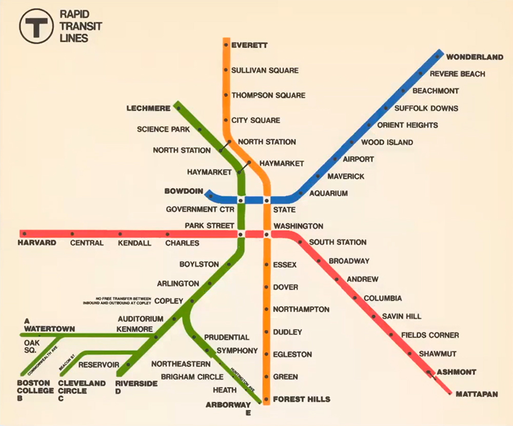 MBTA spider map of T with color coded lines