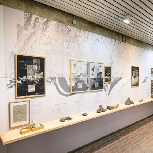 Framed drawings against a wall sized mural of a geologic section of massachusetts. With a shelf in front with rock on top.