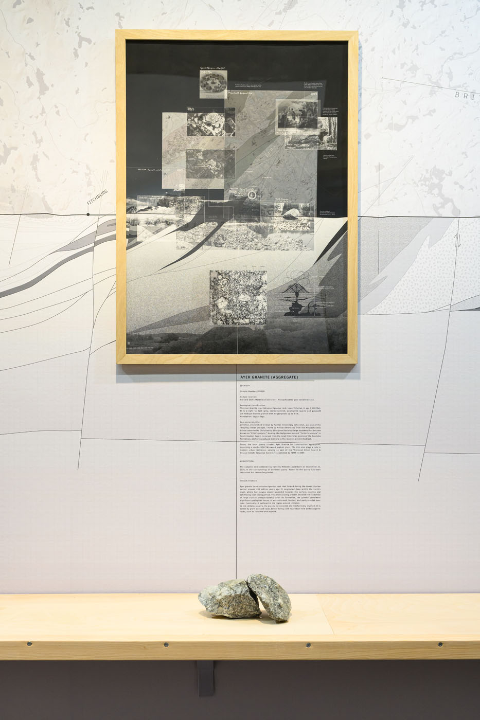 A framed drawing against a wall sized mural of a geologic section of massachusetts. With a shelf in front with rock on top.
