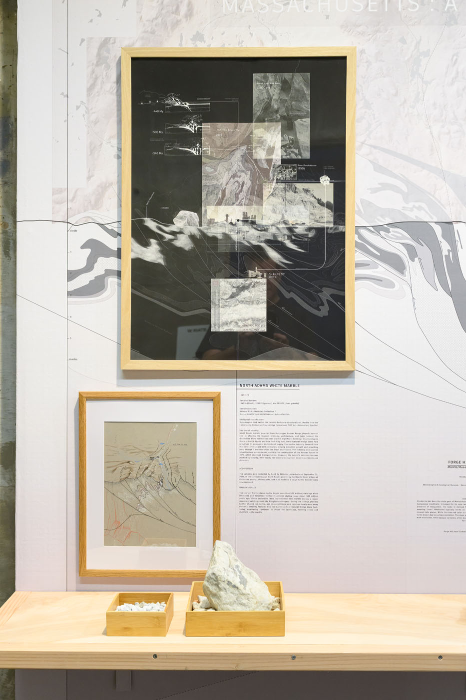 Two framed drawings against a wall sized mural of a geologic section of massachusetts. With a shelf in front with rock on top.