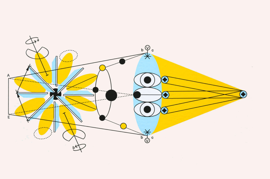 Yellow, blue, black and white cartoonish diagram of light