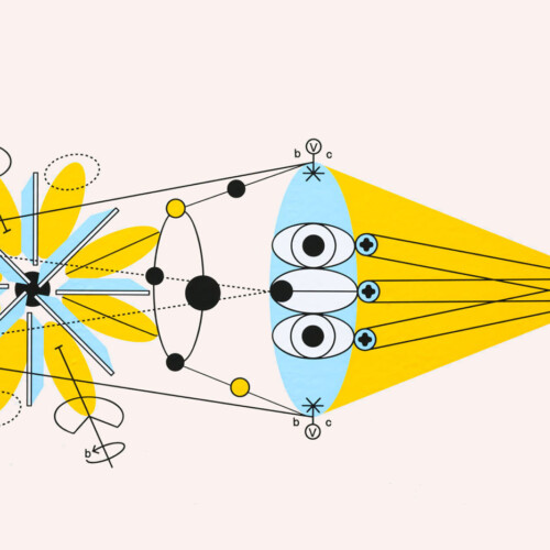 Yellow, blue, black and white cartoonish diagram of light
