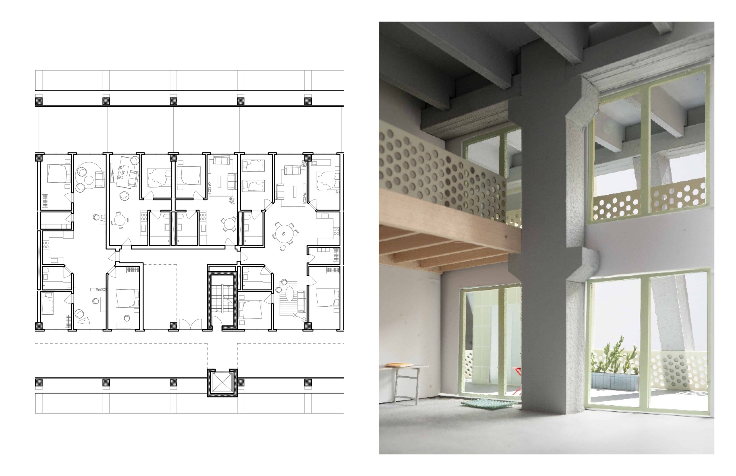 A plan for a building next to a rendering of a two-story room with many large windows