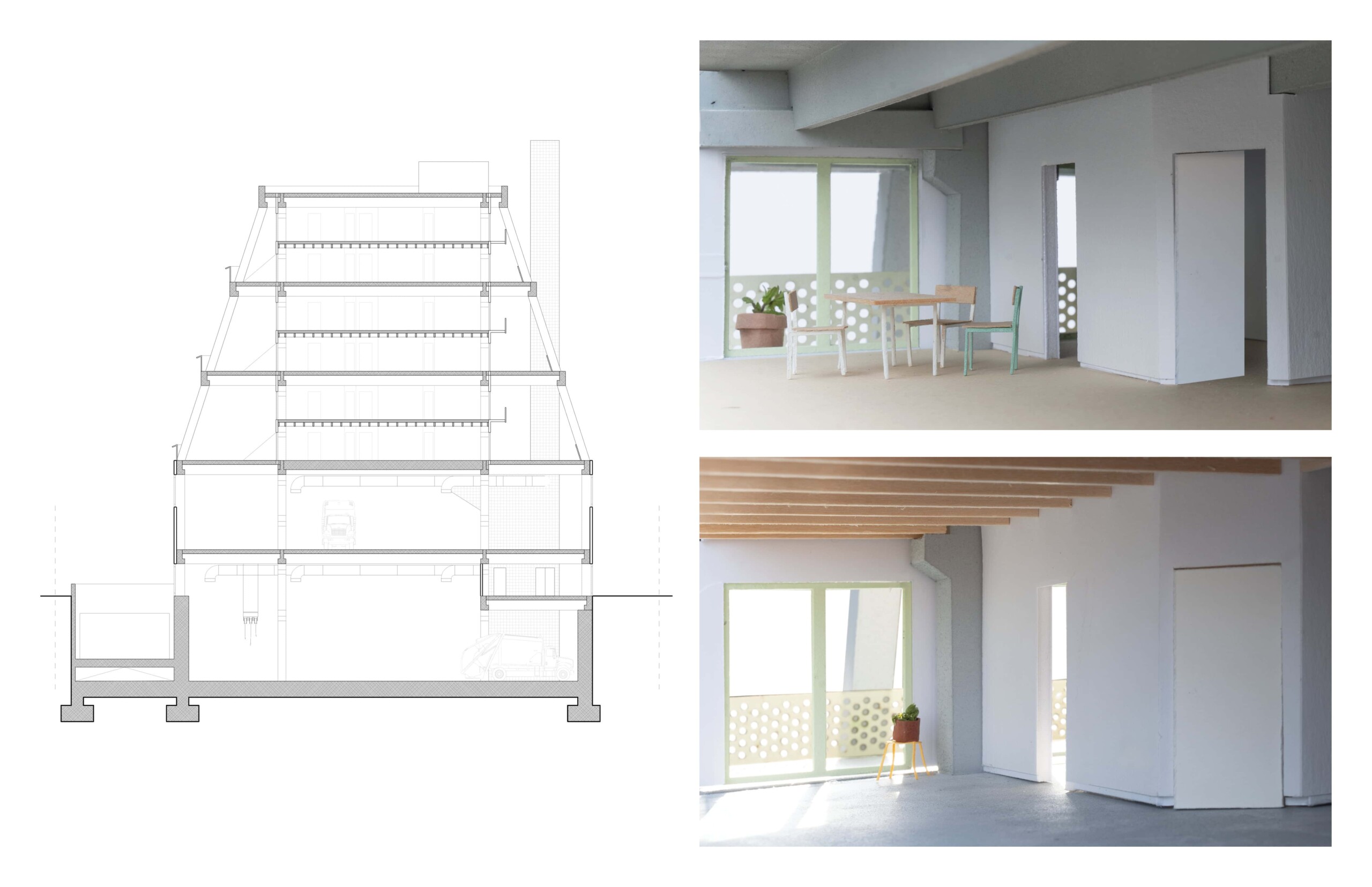 Plan for a building with some renderings of rooms