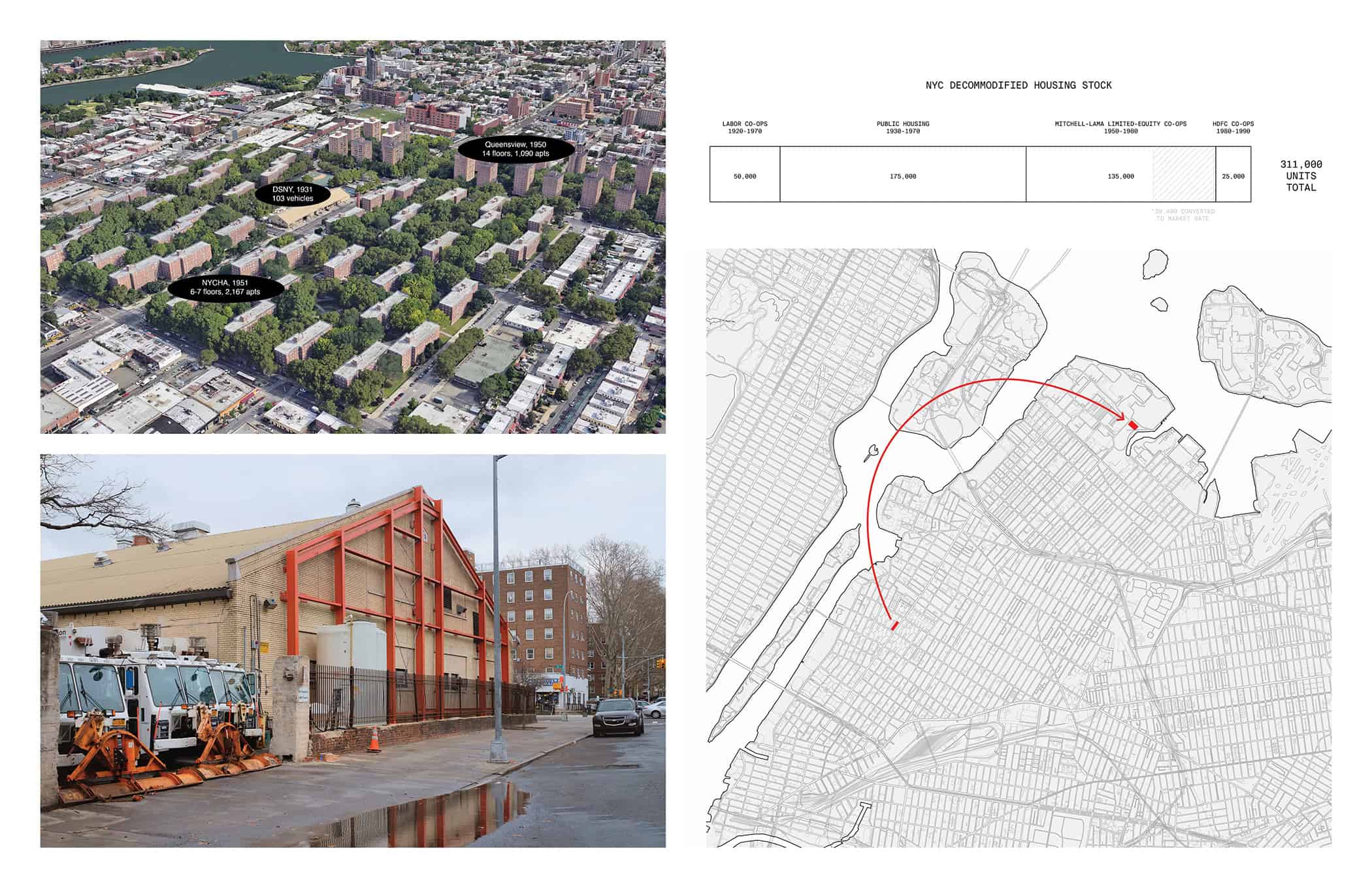 A map labeled "NYC Decommodified Housing Stock" next to two photos of several buildings