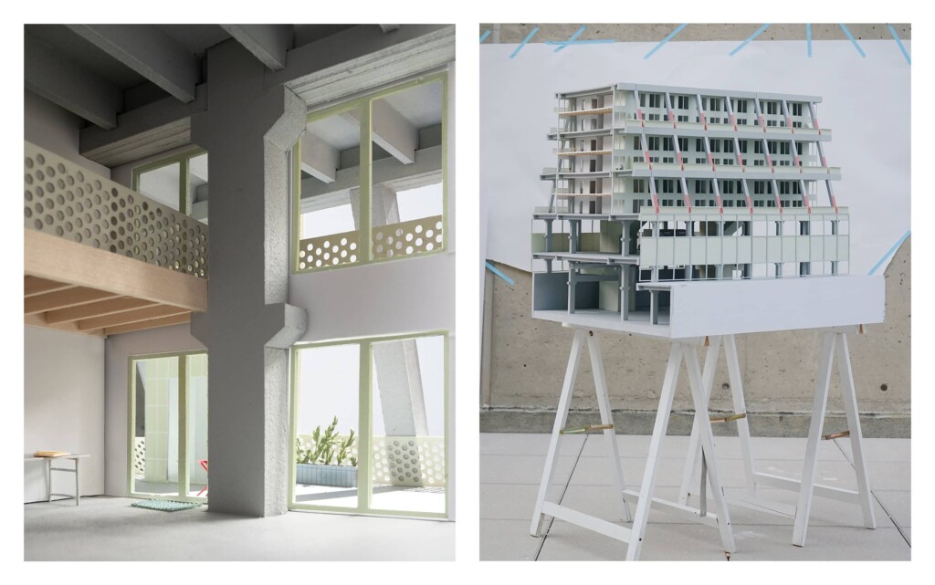 A rendering of a building interior and a photo of an architectural model next to each other.