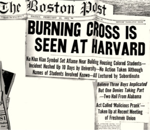 A newspaper headline from 1952 that reads Burning Cross Is Seen At Harvard.