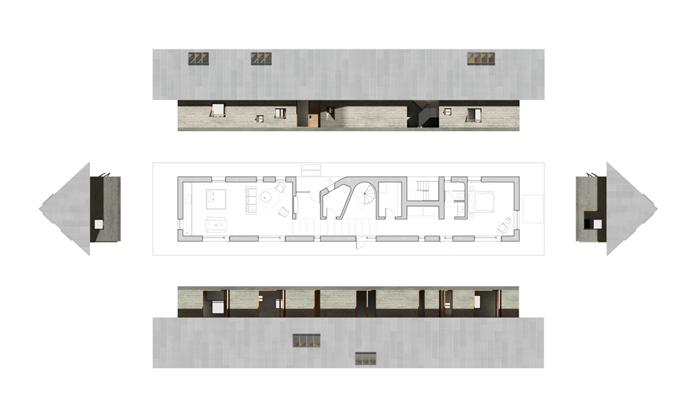 composite plan and elevations of house