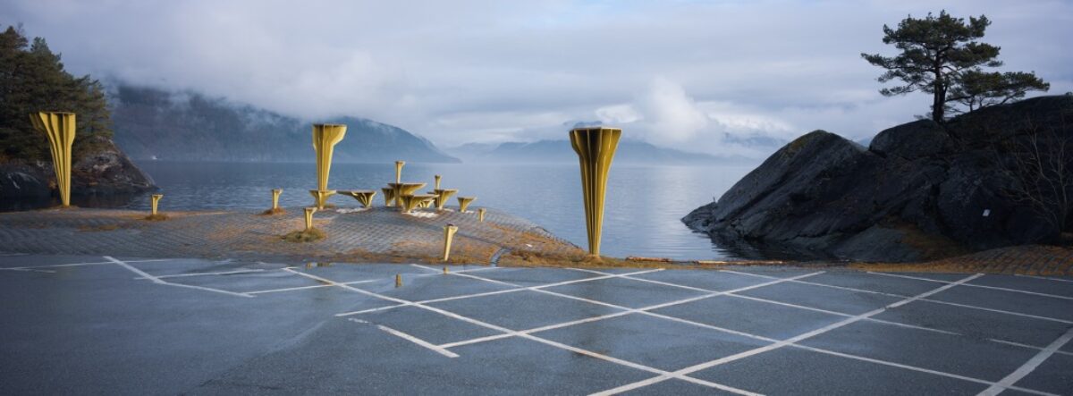 coastal picnic area with yellow posts