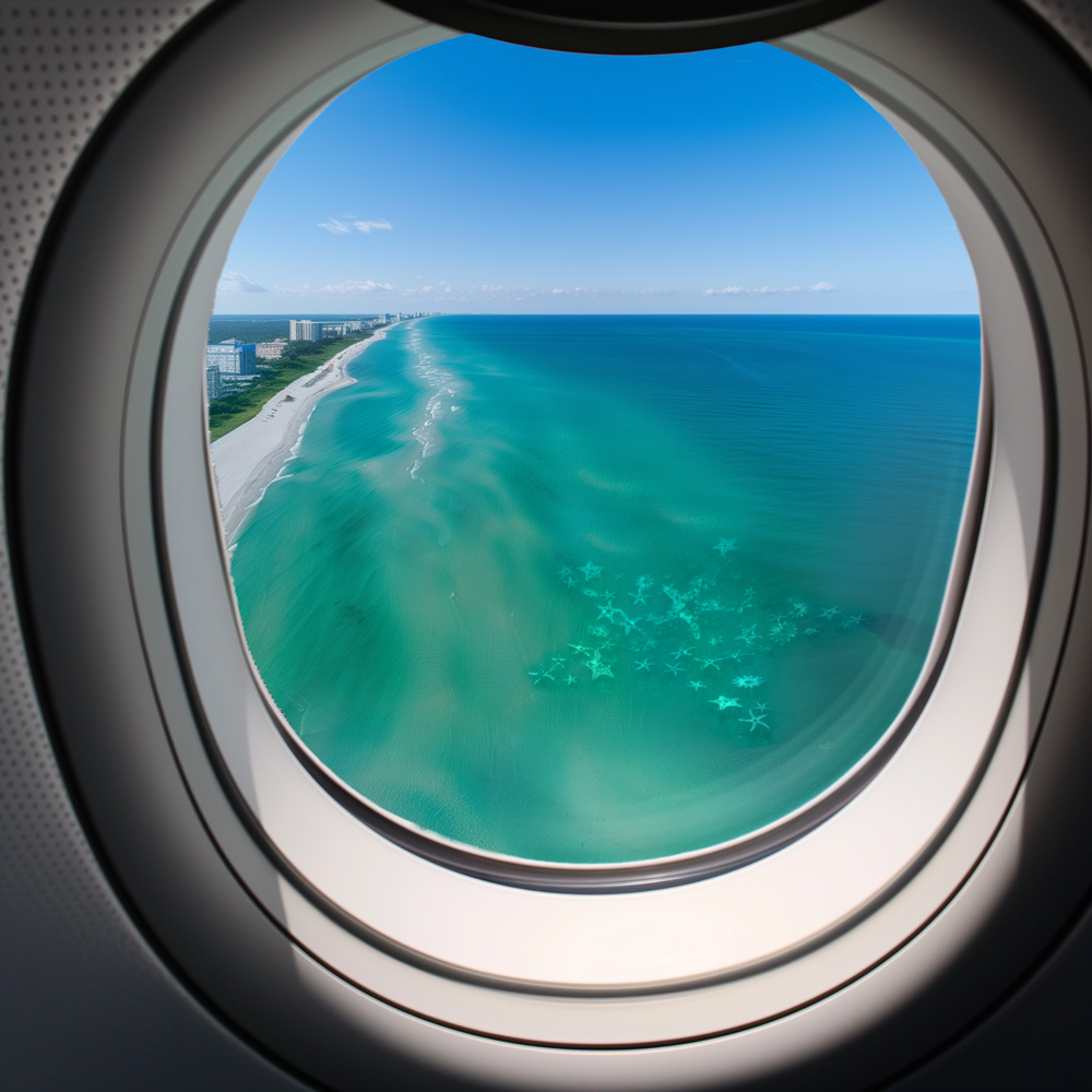 View of underwater star-shaped reef out airplane window