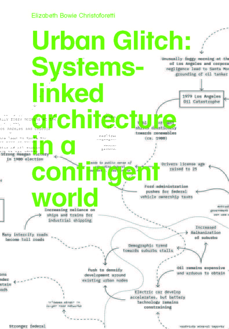 white book cover with bright green words that say urban glitch: systems-linked architecture in a contingent world on to of small black lettering with arrows connecting them
