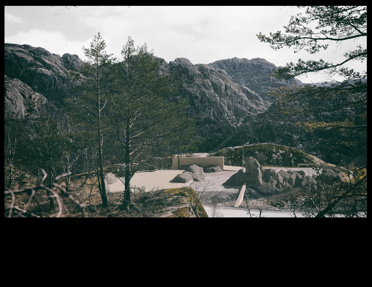 model of a rest stop in the pine trees