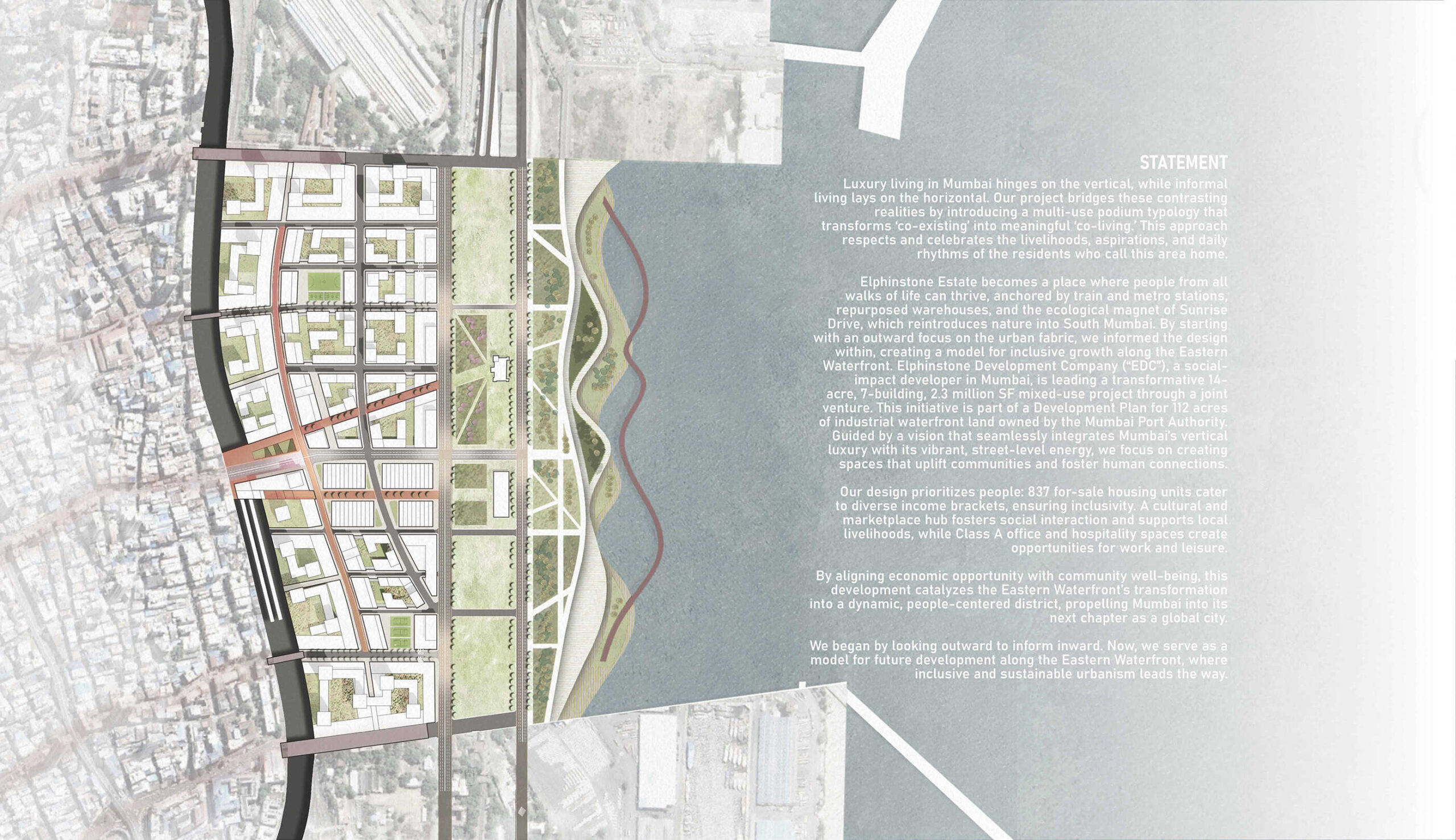 Aerial site plan of the Mumbai INFORMAL proposal showing street grid, green spaces, and waterfront integration.