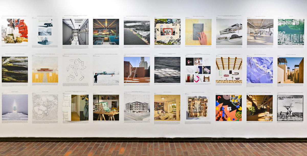 A view of a wall in Druker Design Gallery displaying a variety of images in a grid.