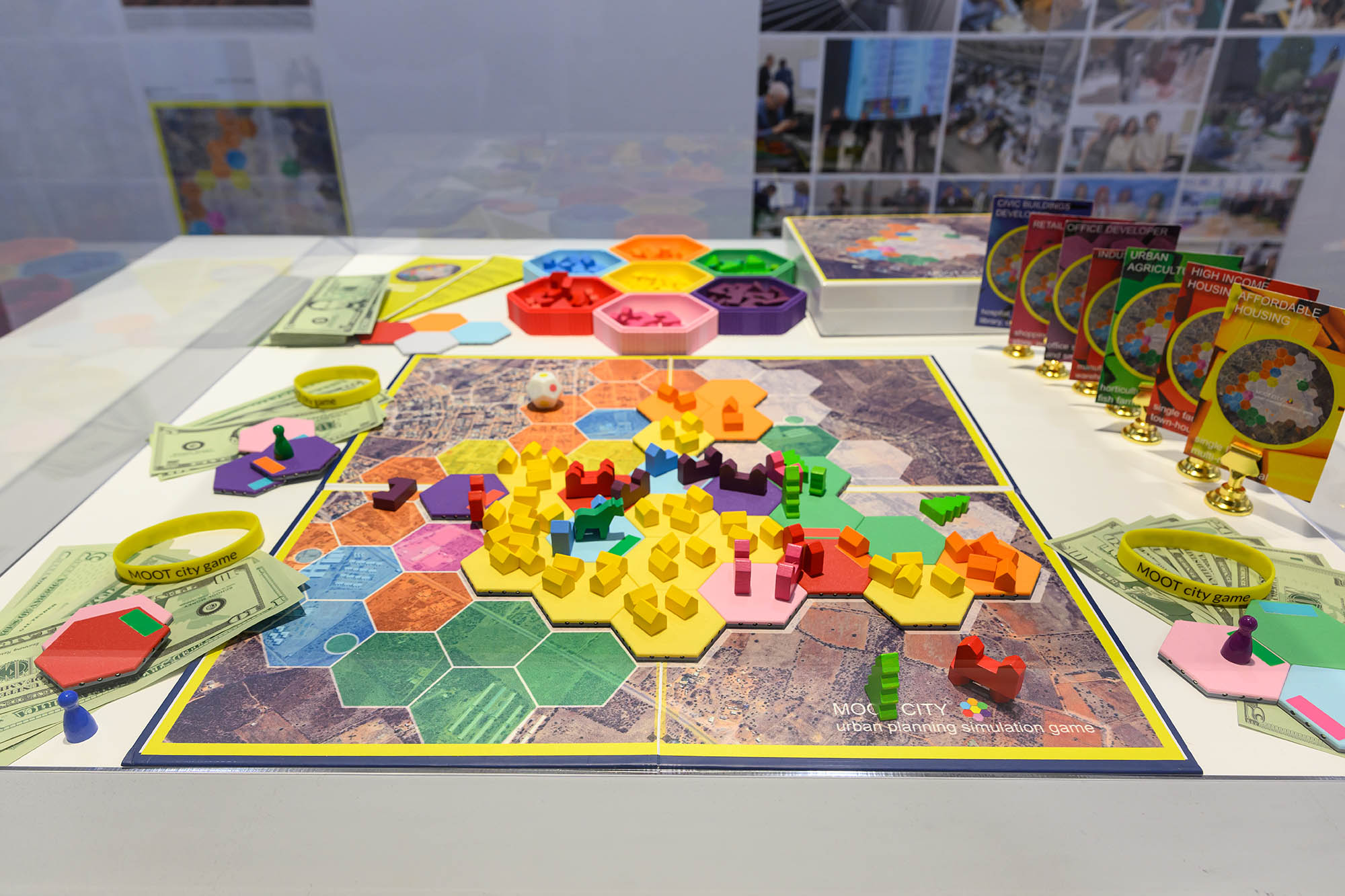 A colorful board game board.