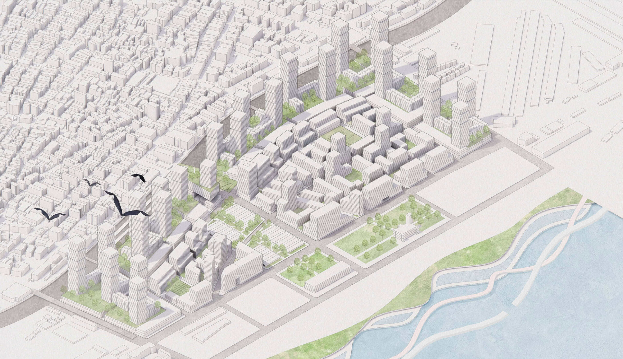 Axonometric view of a dense urban redevelopment plan with high-rise towers, mid-rise blocks, and integrated green spaces.
