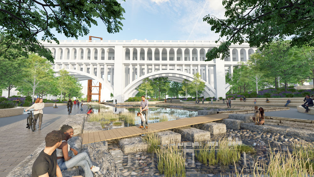 rendering of park with bridge in background