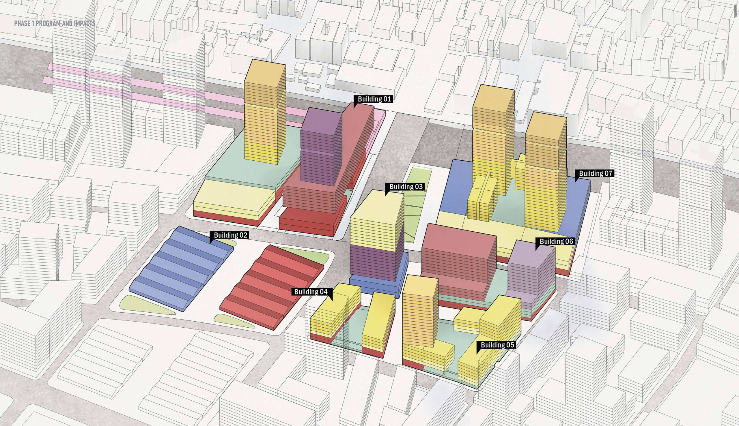 Massing section illustrating tower types and program distribution across a transit-oriented, multi-use neighborhood.
