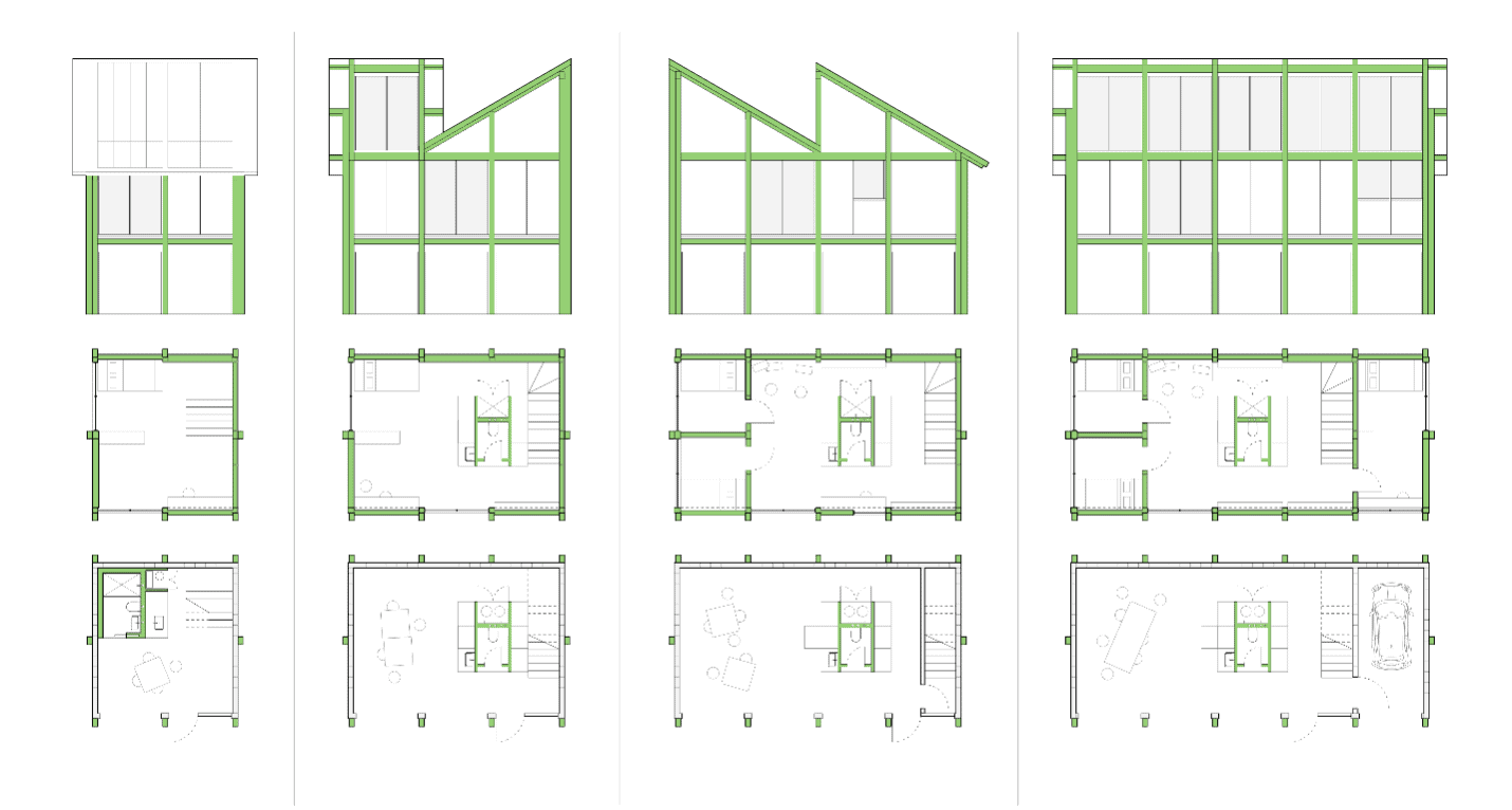 Diagram of a building from several angles
