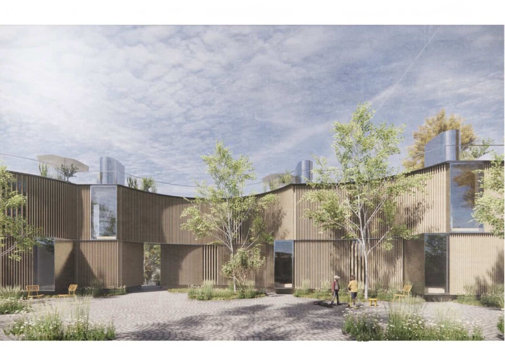 Rendering of a housing complex surroundin a courtyard with some small trees