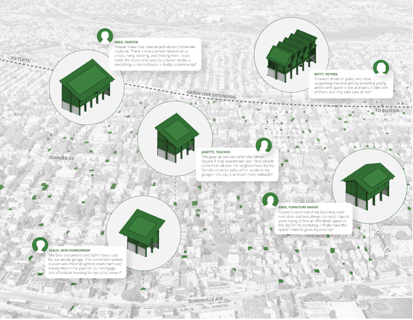 Map with blown-up versions of several buildings as insets