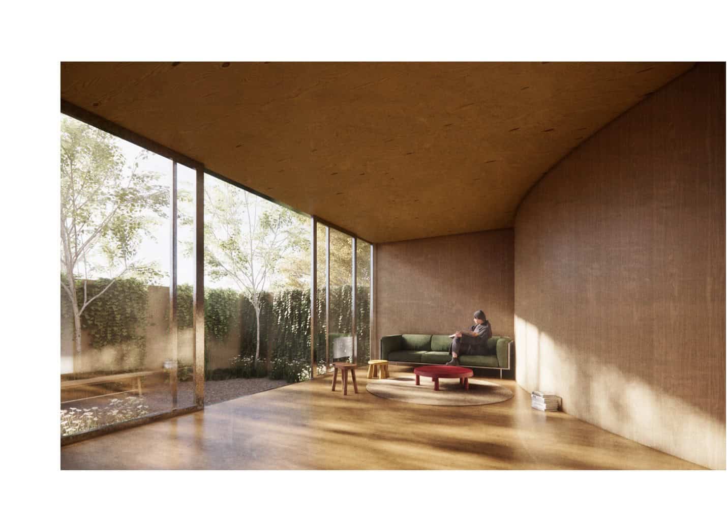 Rendering of an indoor space with floor-to-ceiling windows