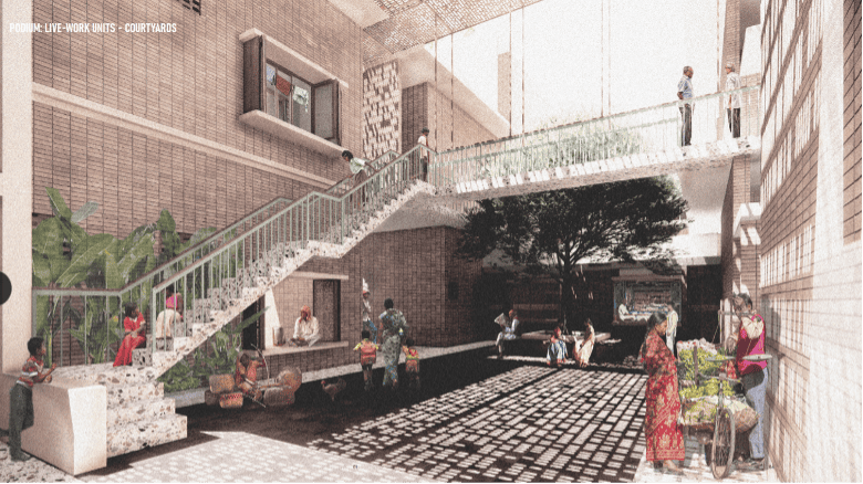 A rendering of a courtyard area with several people of different ages socializing.