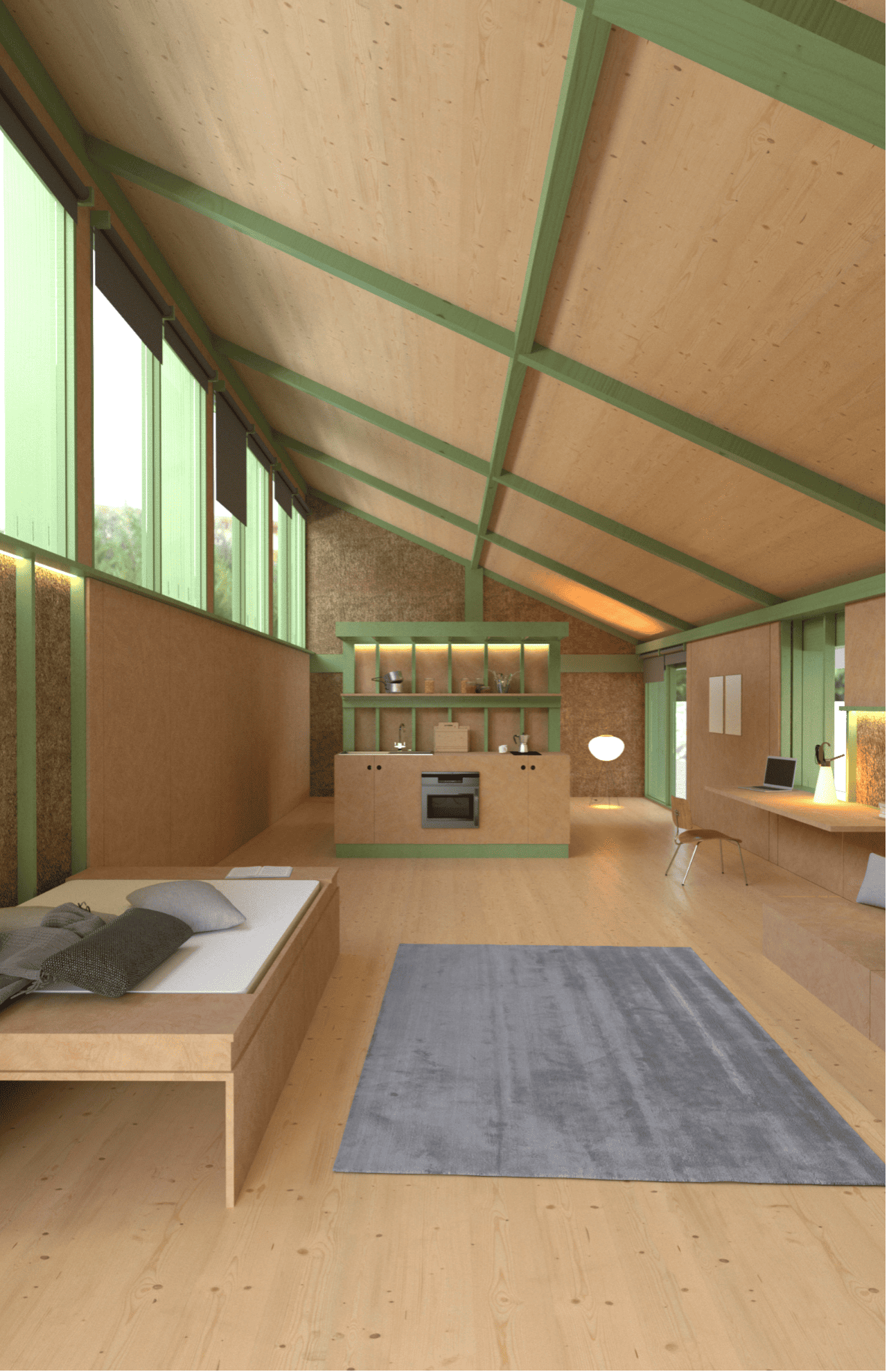 Rendering of the interior of a long room with a rug and a slanted roof