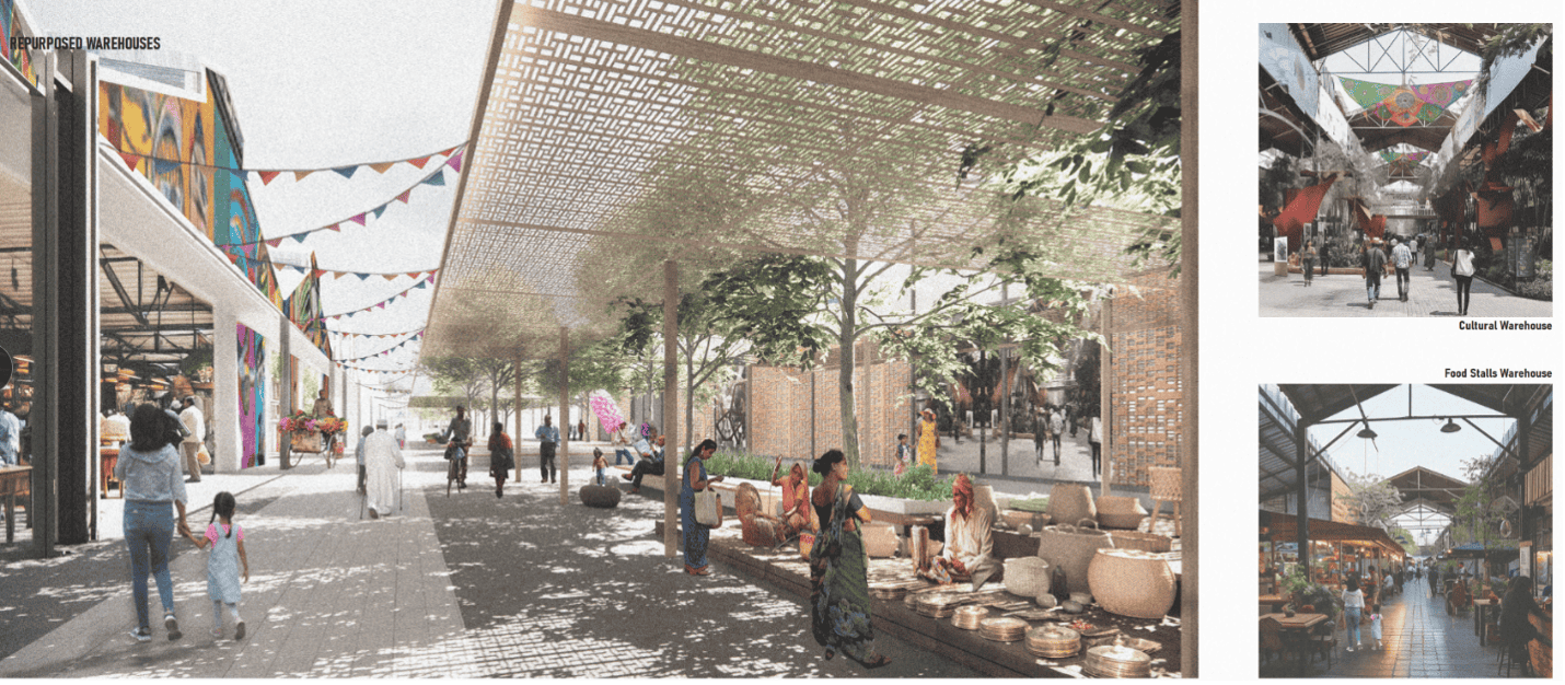 A rendering of a public marketplace area with several people