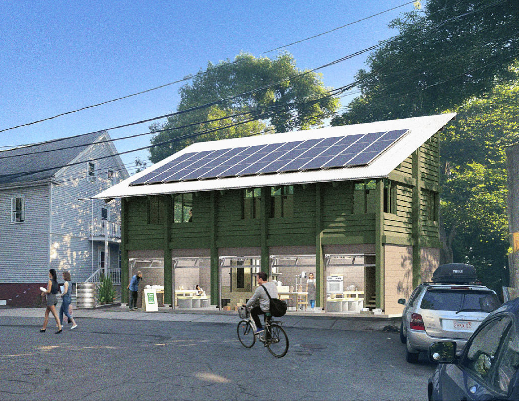 Rendering of a building with a slanted roof and people bicyling by outside