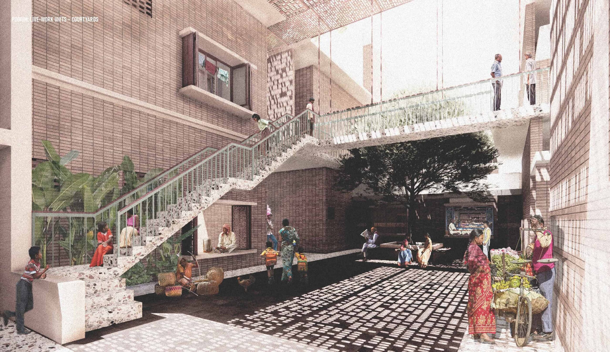 Courtyard view of live-work units with people engaging in daily activities under brick walls and open-air staircases.