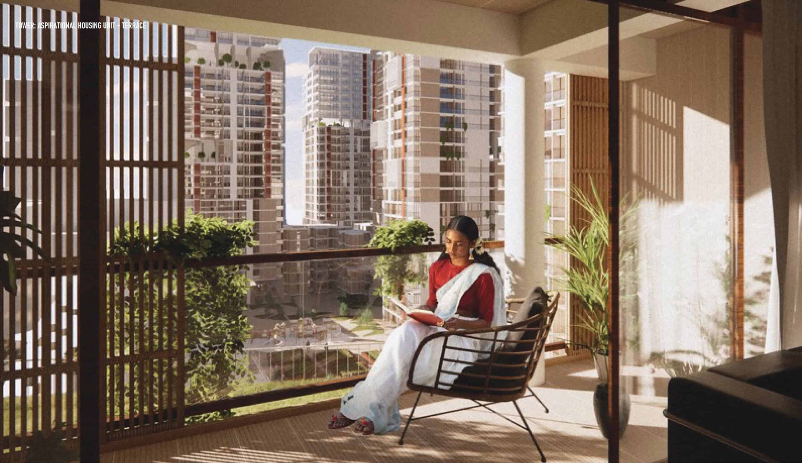 Woman reading on a shaded balcony overlooking a high-rise residential complex with greenery and terraces.
