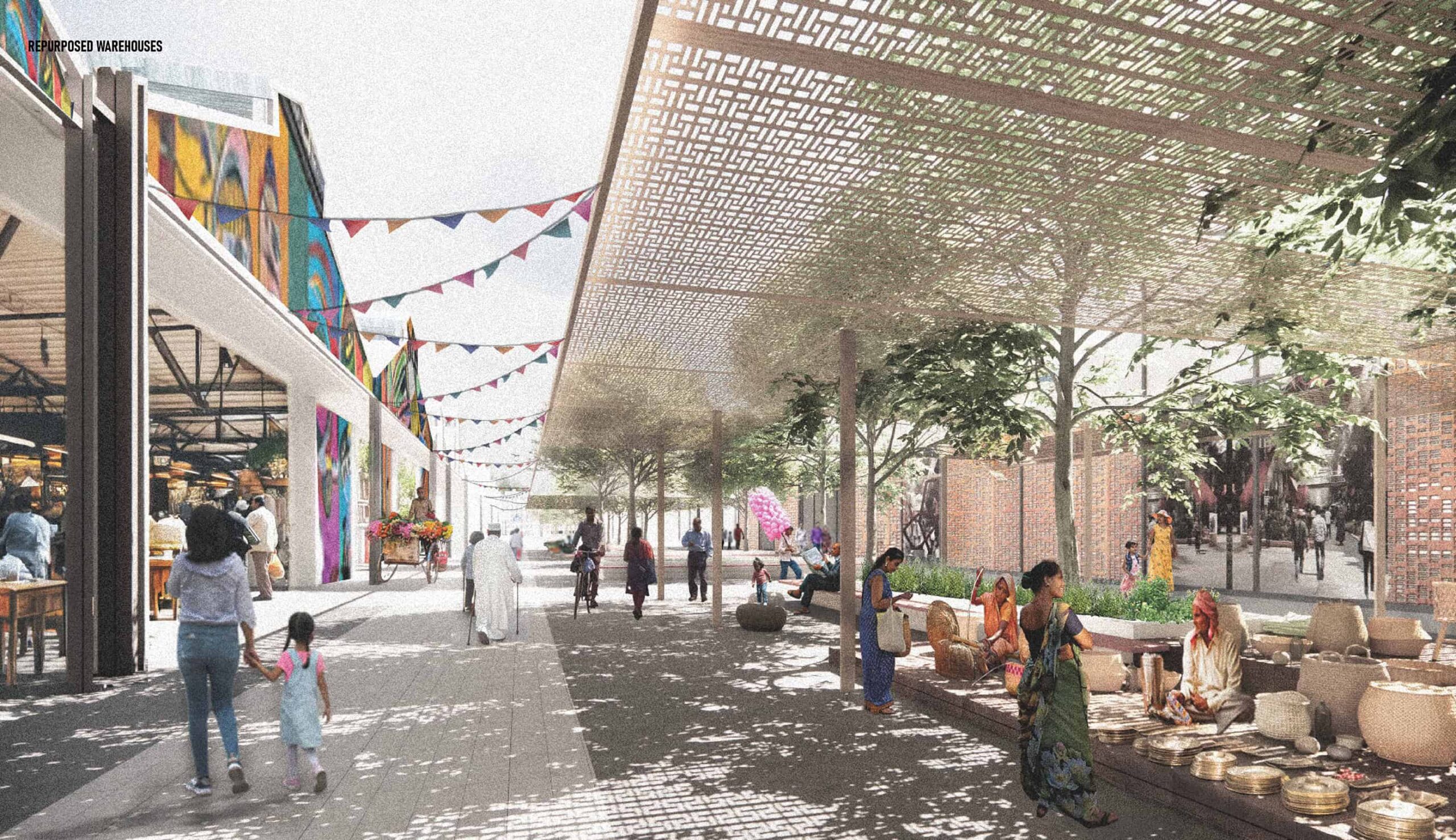 Vibrant streetscape with market stalls and shaded seating under patterned canopies, surrounded by trees and repurposed warehouses.