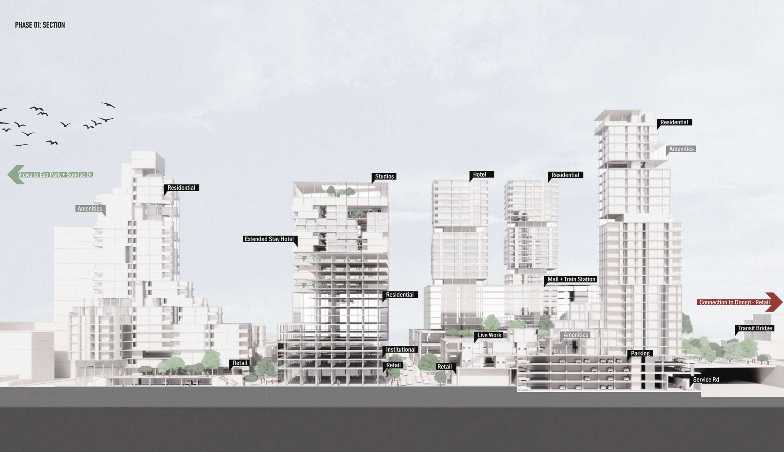 Diagram of many tall buildings