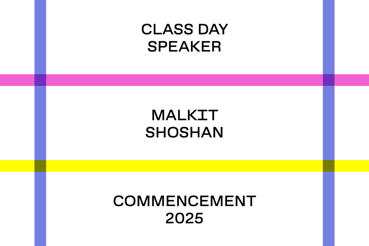 Graphic design featuring text 'Class Day Speaker Malkit Shoshan Commencement 2025' with horizontal magenta and yellow bars and vertical blue lines.