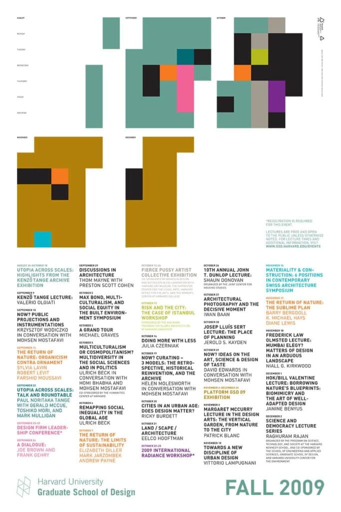 2009-10 GSD Public Programs Fall Poster designed by Jenny 8 del Corte Hirschfeld and Misha Leiner