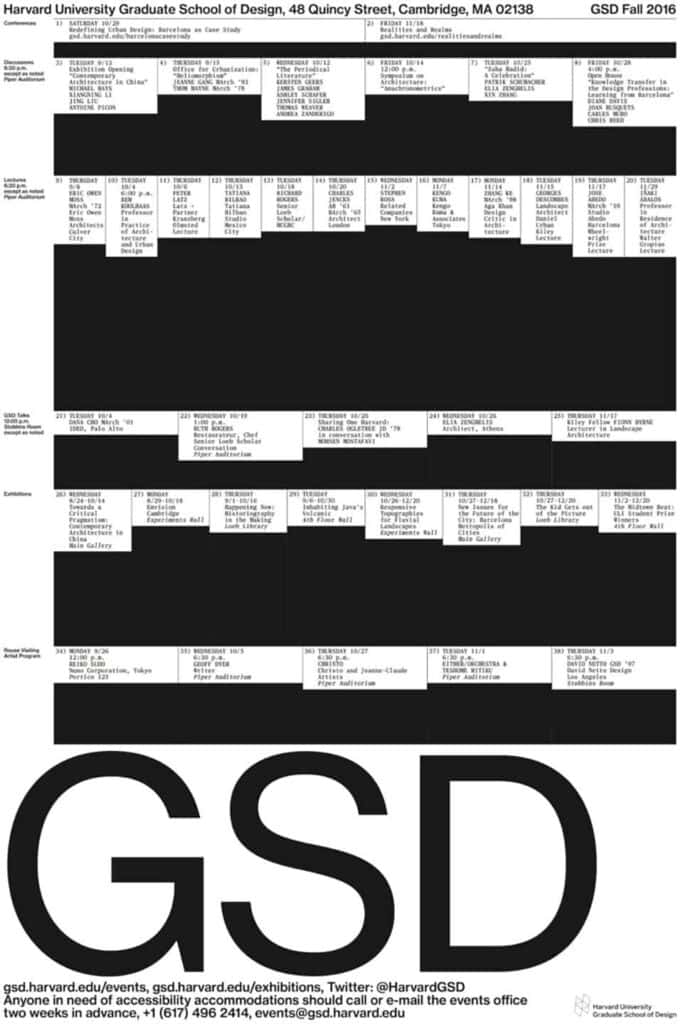 2016-17 GSD Public Programs Fall Poster designed by Bänziger Hug