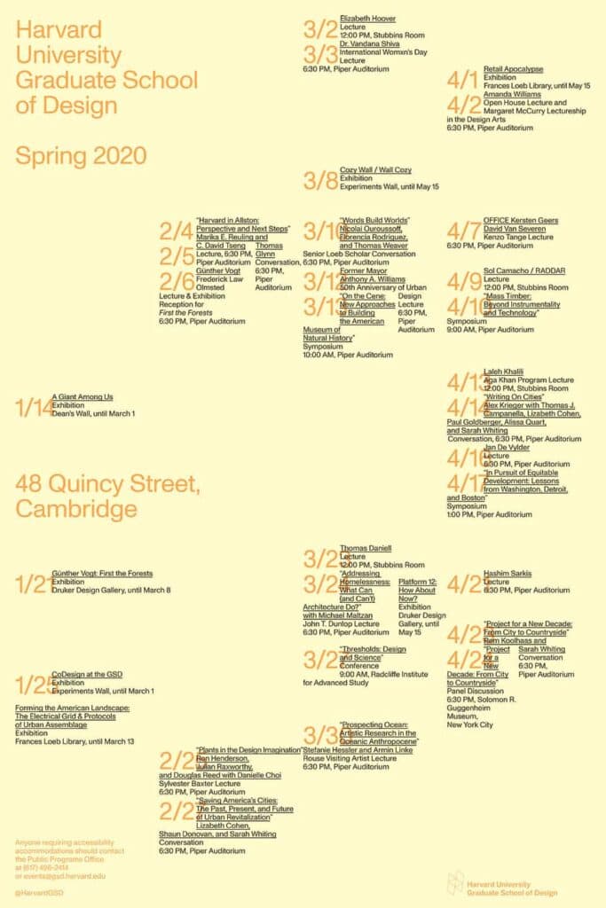 2020 GSD Public Programs Spring Poster designed by Estudio Herrera