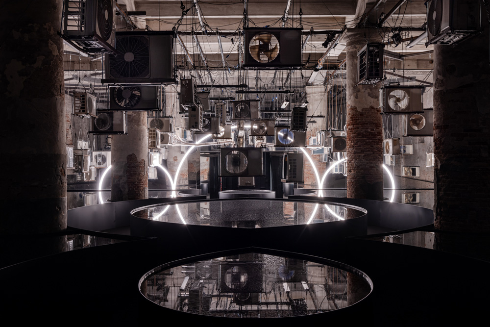 dark room with hanging air conditioners