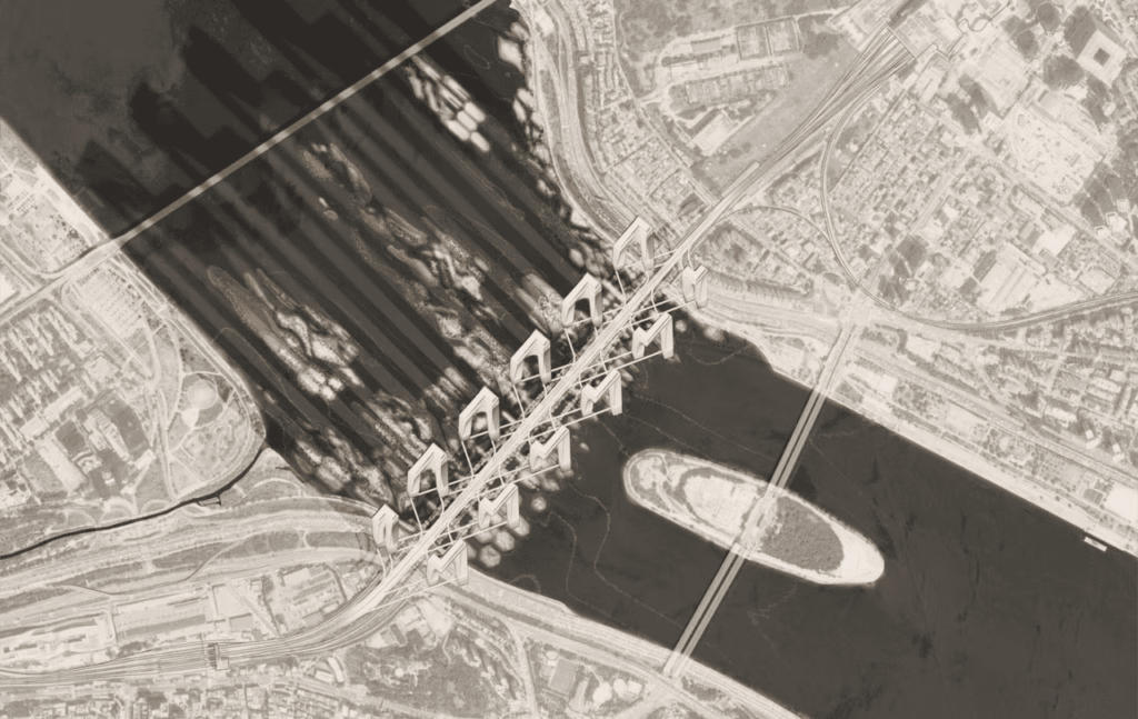 Overhead schematic of a bridge in an urban environment.