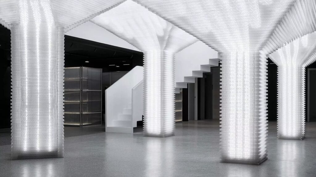 four plastic prisms located in an office warehouse of high-tech campus in Shanghai.
