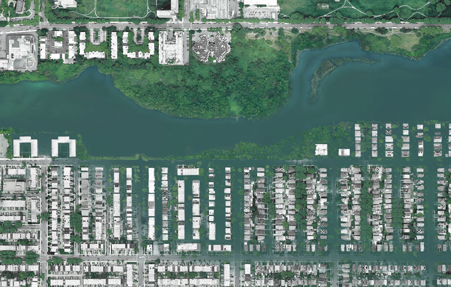 An aerial view of a flooded neighborhood.