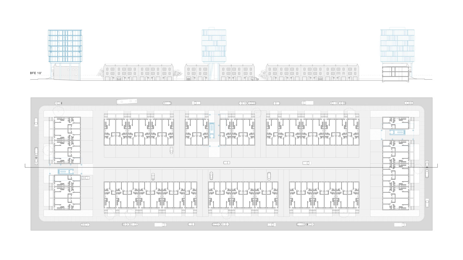 A plan and section view of a housing complex in a dense neighborhood.