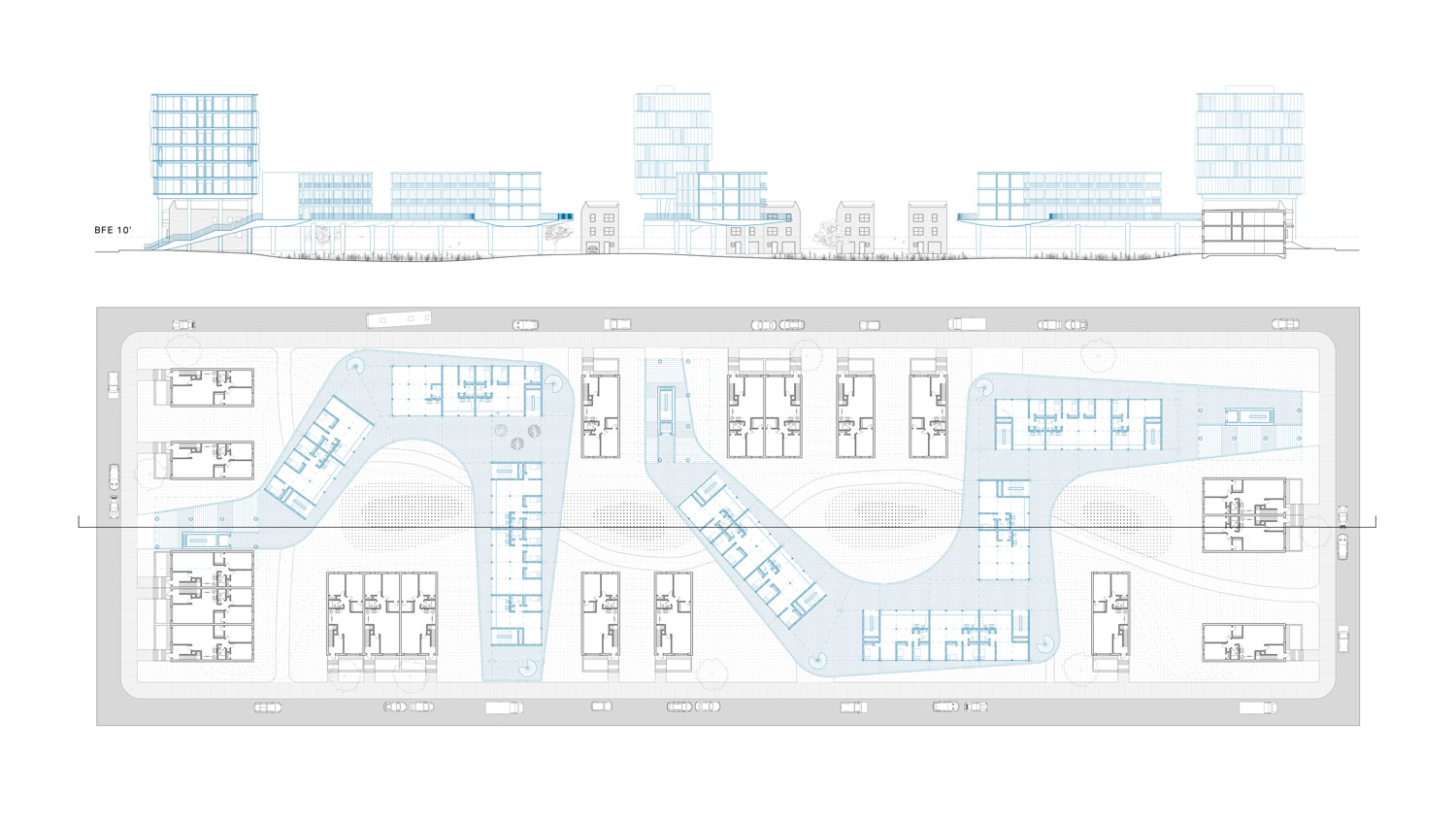 A plan and section of a housing complex.