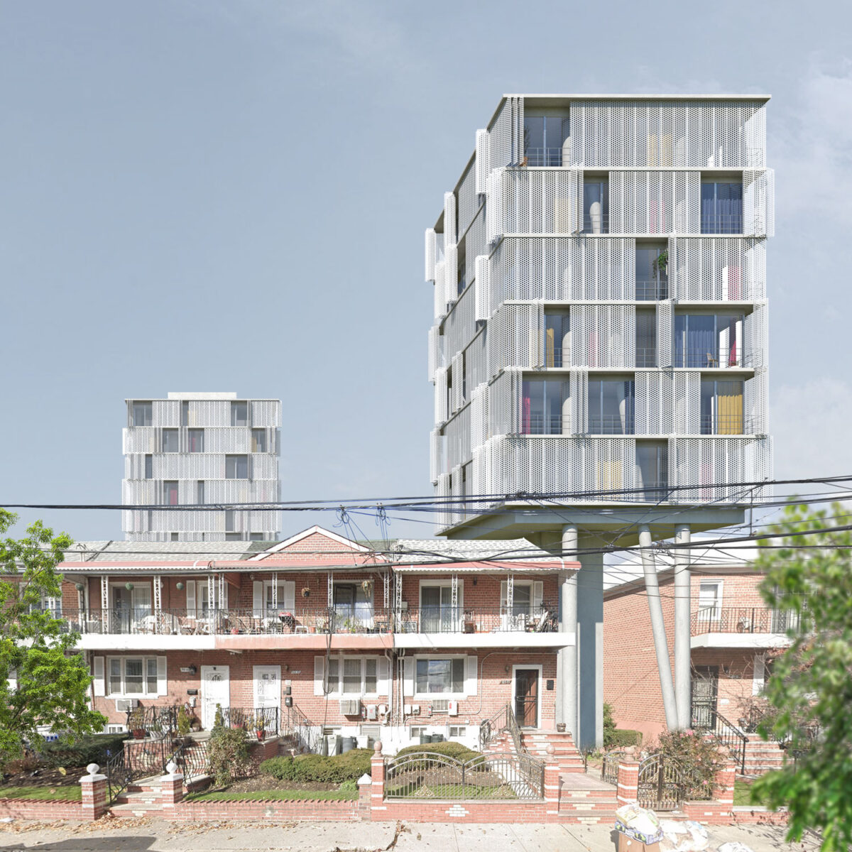 A rendering of a housing tower in a medium-density neighborhood.