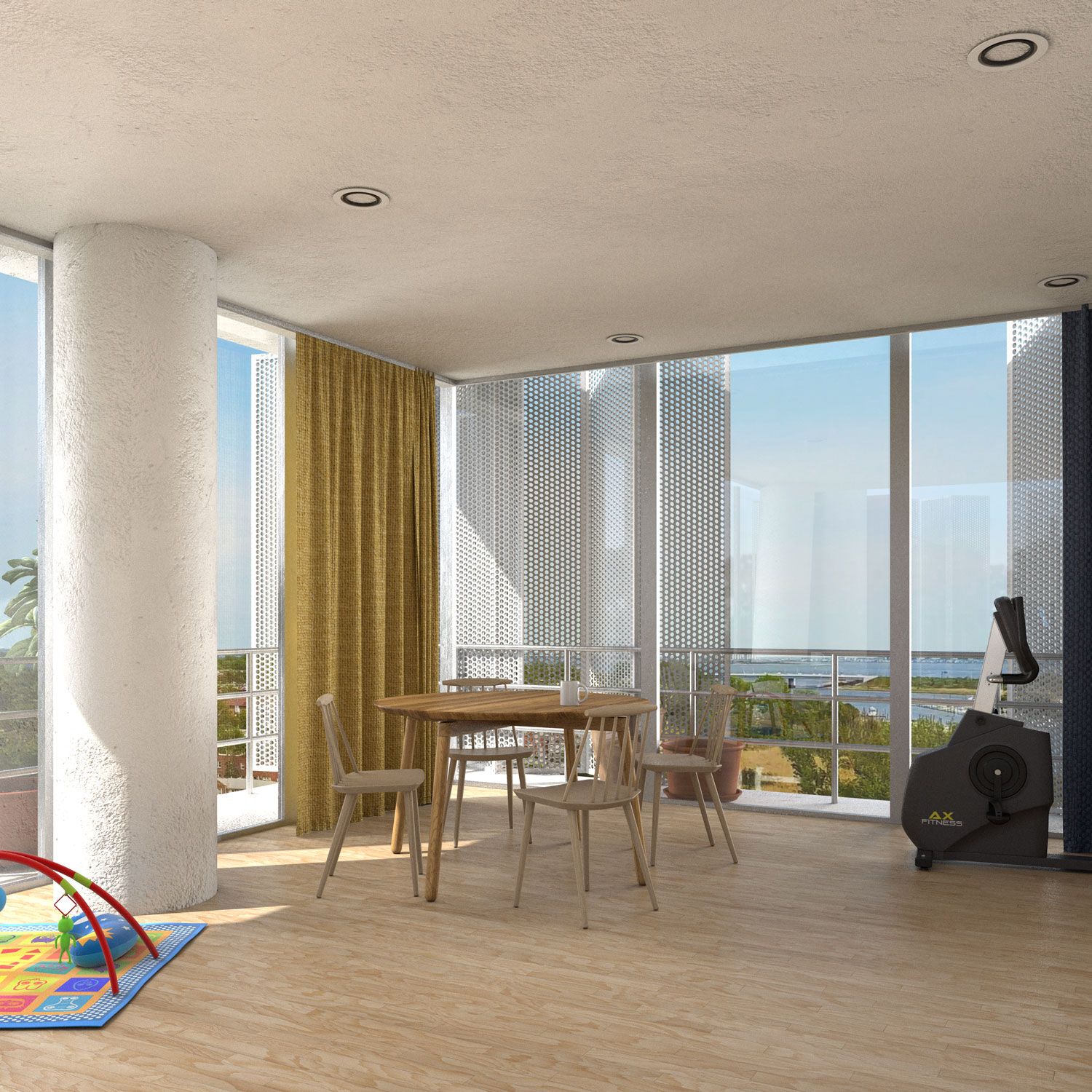 An interior rendering of an apartment living room.