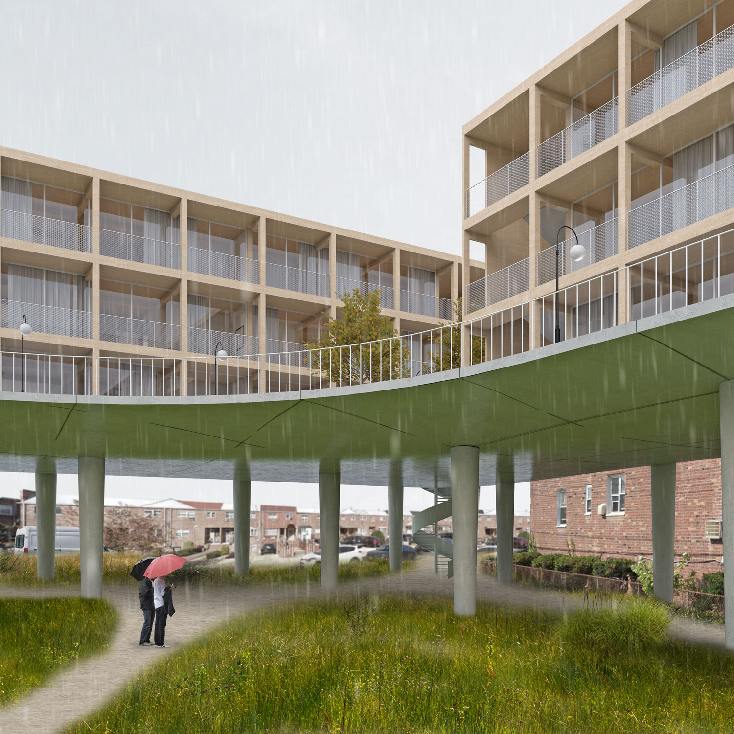 A rendering of a housing complex on pillars.