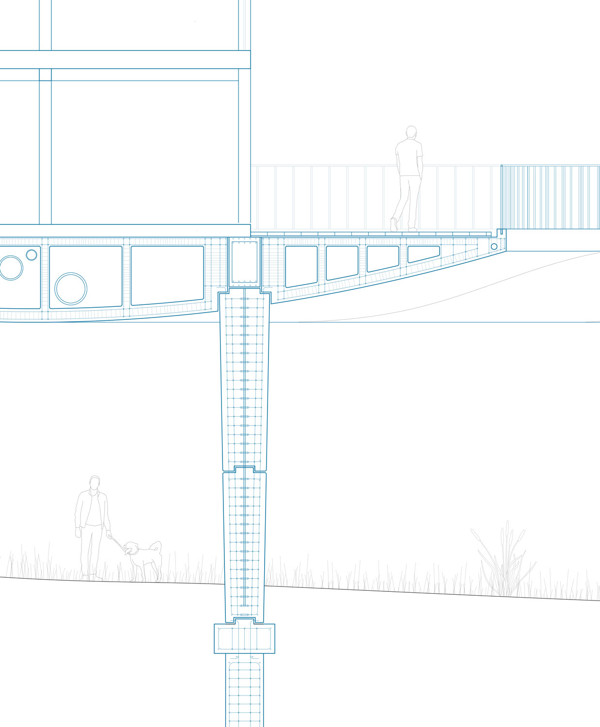 A section showing a post holding up a housing complex.