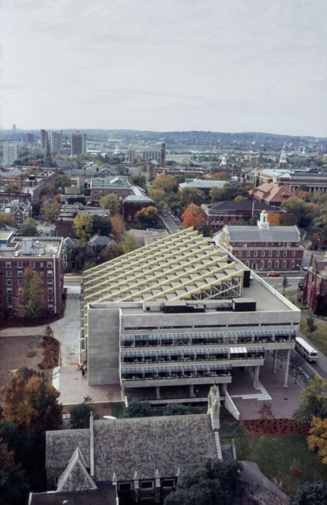 Aerial view of Gund Hall.