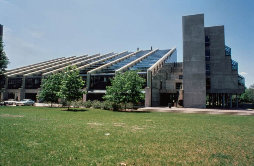 Exterior view of east facade of Gund Hall.